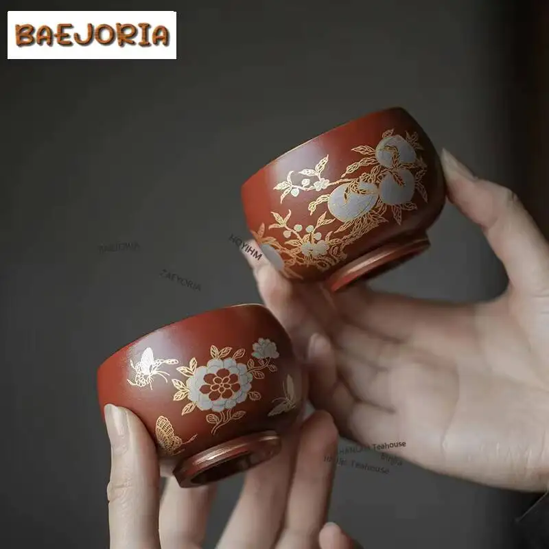 80ml Boutique Purple Clay Ceramic Teacup Chinese Longevity Peach Master Cup Puer Tea Bowl Chazhan Household Tea Kung Fu Teaset