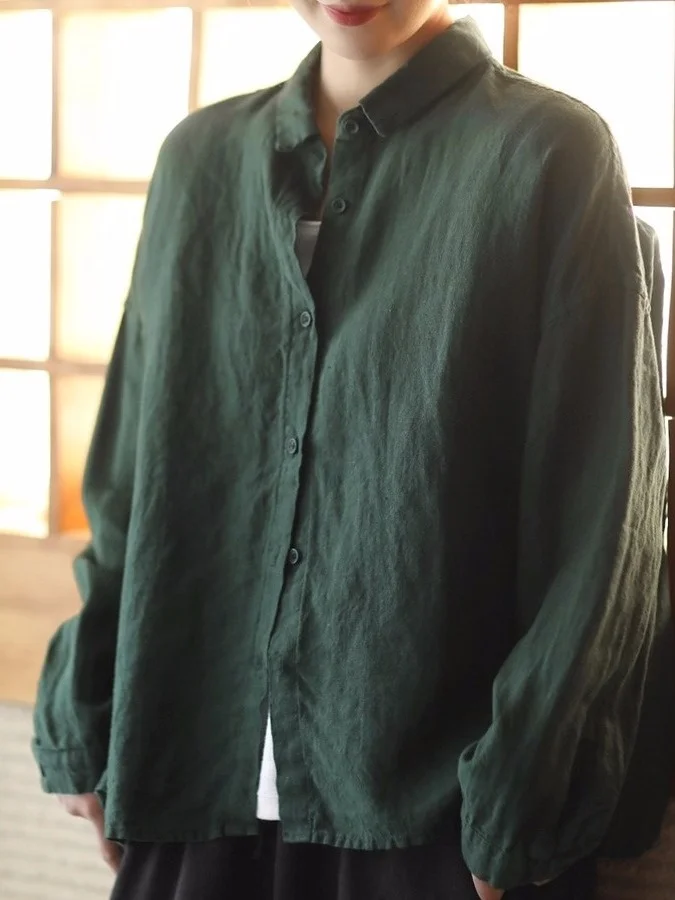 

Retro Sle Long Sve irt Women's Collar Pure Color Linen Silk Blend Open Cardigan Outerwear Top for Autumn Season