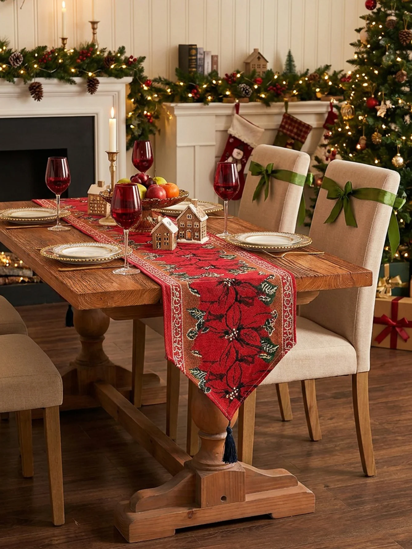 Vintage Poinsettia Yarn-Dyed Jacquard Christmas Table Runner, Red Tasseled Table Centerpiece for Farmhouse Holiday Party