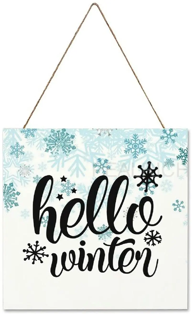 

Hanging Wood Sign Rustic Wood Plaque Sign Hello Winter Wall Decorations for Living Room Bedroom 12"x12" Wooden Sign Christmas