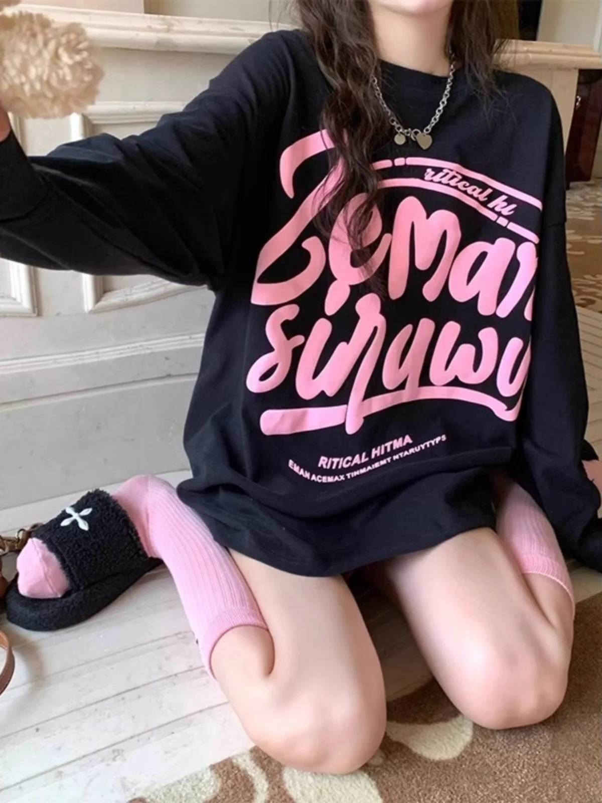 

Женская толстовка оверсайз с принтом, круглым вырезом, на вес до 136 кг, осенне-зимняя, свободного кроя, универсальная, средней длины, из чистого хлопка, с длинными рукавами