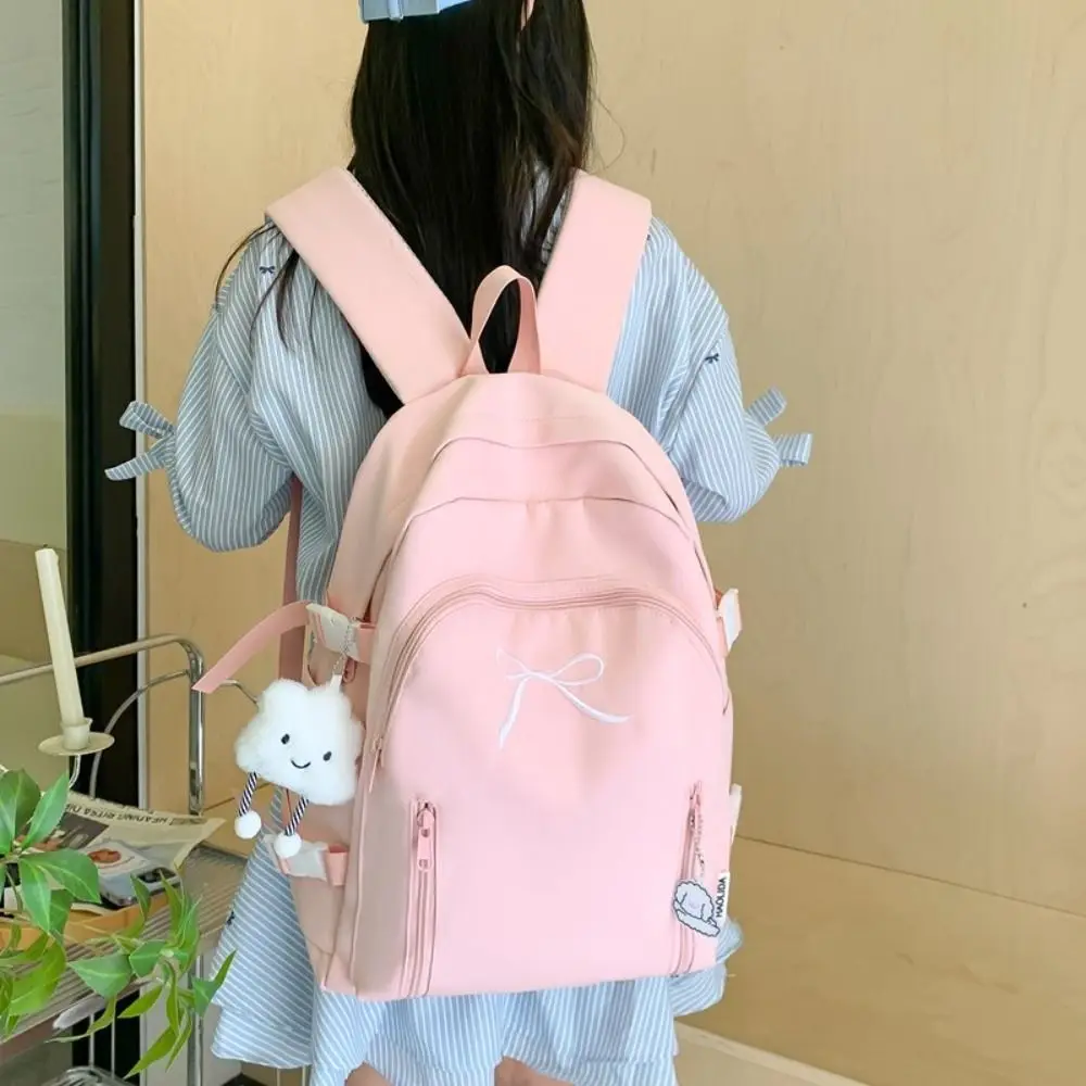 

Fashion Casual Student Schoolbag Large Capacity Solid Color Bow Backpack Simple Multiple Pockets Korean Style School Bag Girls