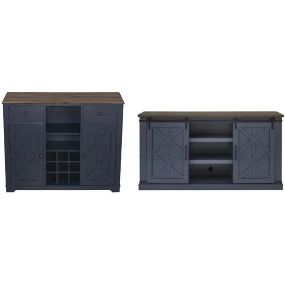 

2-Piece Set of 58 TV Stand and 47" Bar Wine Cabinet - Navy Blue