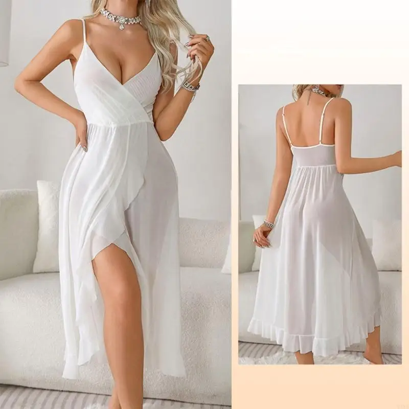 Y3NE Stylish Elegant V Neck Cutout Back Sleeveless Thin Strap Nightie For Women Breathable Sheer Fabric Lounge Dress