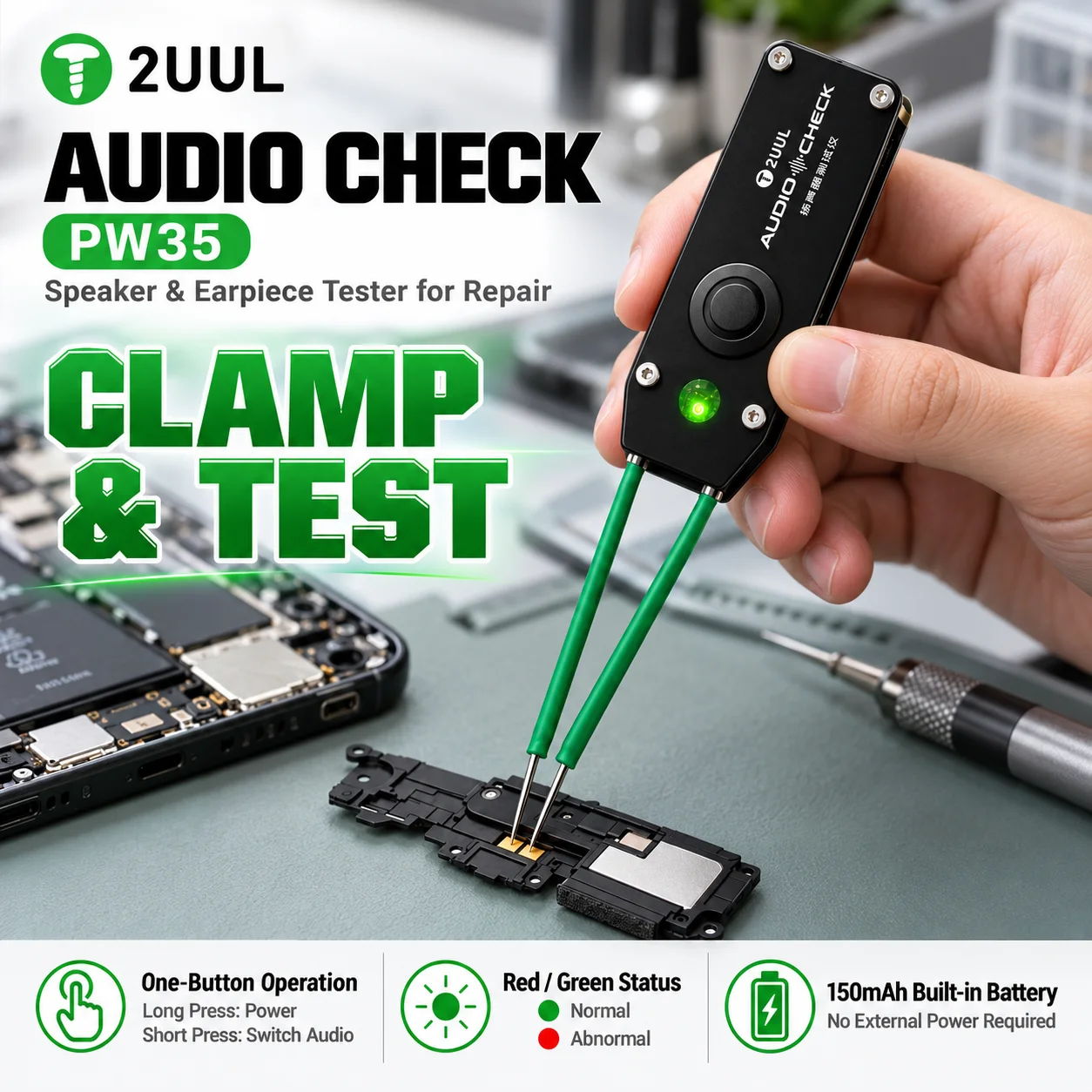 2UUL PW35 Portable Audio Check Speaker and Earpiece Tester with LED Indicator Built in Battery for Phone Motherboard Repair Tool