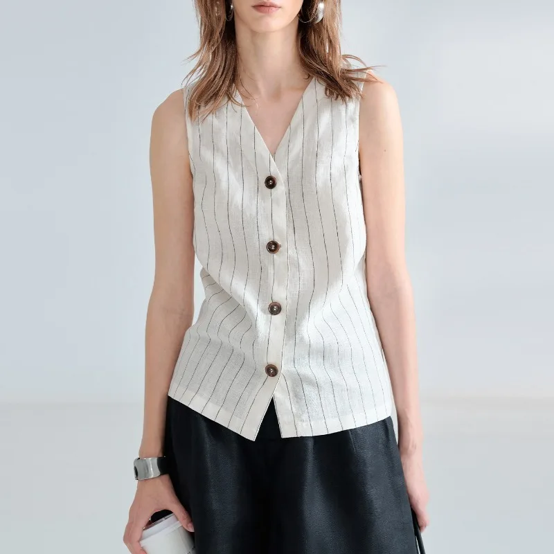 100% Linen Striped V-Neck Women's Tank Top Summer New Elegant Office Ladies Sleeveless Vest Front-Buttoned Loose Casual Tops