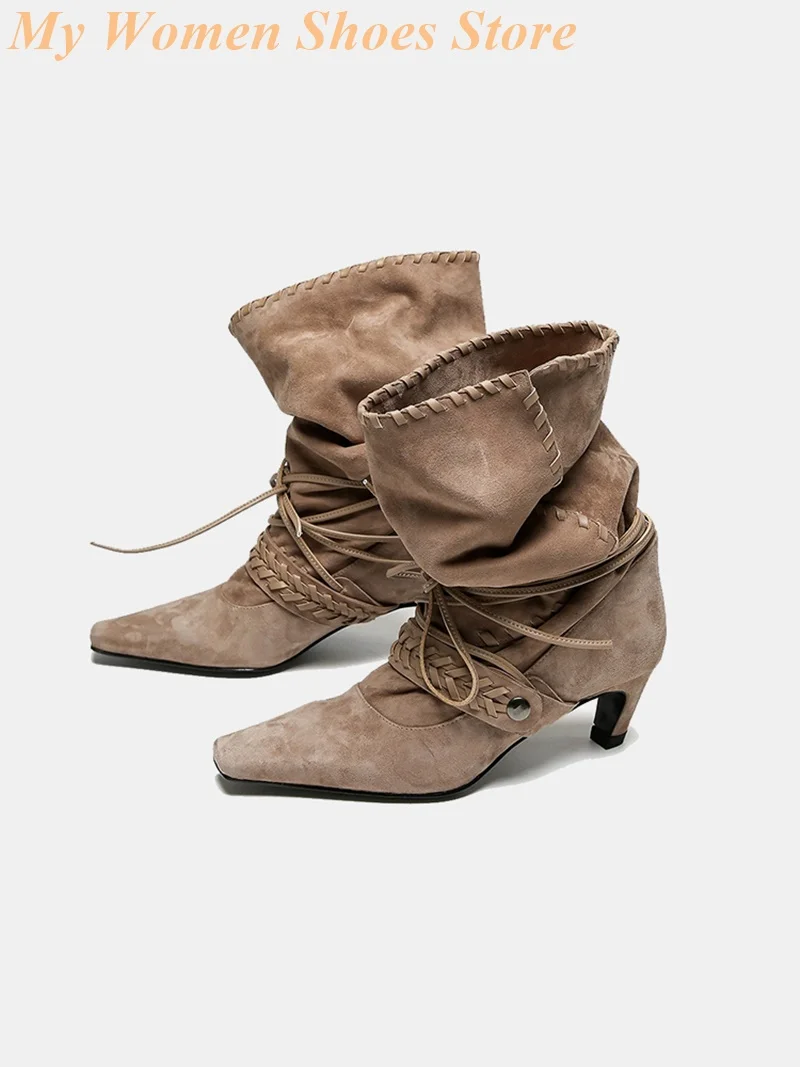 

Retro Slouchy Western Ankle Booties Lace Up Suede Small Square Toe Slip On Kitten Heel Runway 2025 Winter Autumn Women Shoes