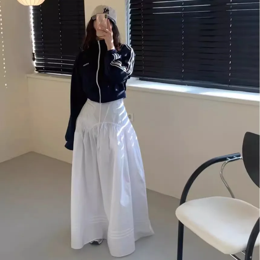 White Spliced A-Line Midi Skirt Women's Summer New Irregular Cut Pleated Long Umbrella Skirt High Waist Pure Color Maxi Skirt