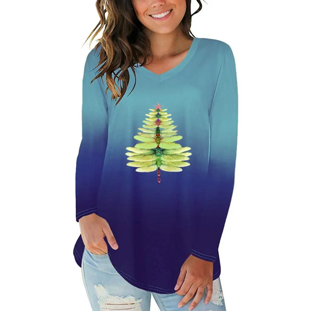 

Women's Gradient Color Dragonfly Print T-Shirt V-Neck Long Sleeve Irregular Hem European And American Style by