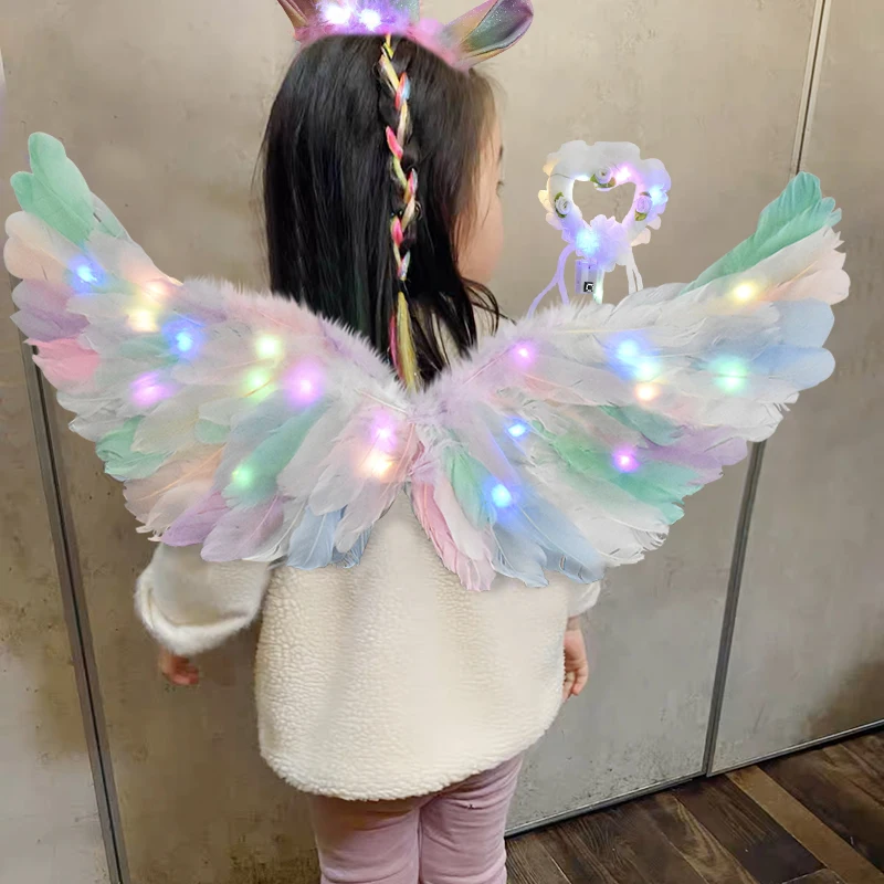 Women Girl Angel LED Feather Wing Glow Light Up Unicorn Headband Fairy Feather Wings For Kids Birthday Party Gifts Cosplay Props