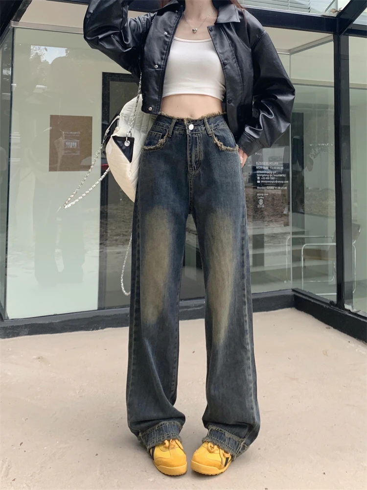 

American Style Women's High Waist Jeans 2023 Raw Edge Tassel Straight Wide Leg Denim Pants Retro Spicy Girl Floor Length Trouser