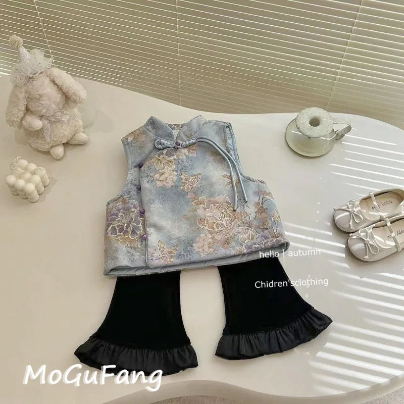 

01-Girls' Clothing2025New Winter New Chinese Style Thickened Cotton Vest and Pure Black Flared Pants Two-Piece Set