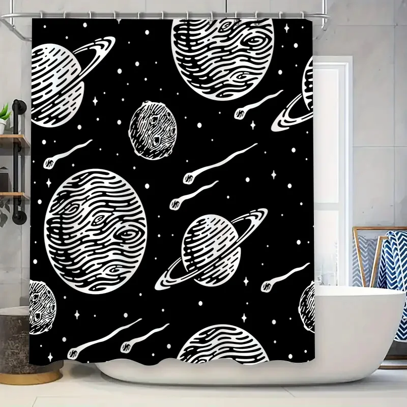 Cortina de ducha con diseño de espacio de cielo estrellado, decoración creativa para el baño del espacio exterior, diseño de planetas blanco y negro, cortina de tela lavable f