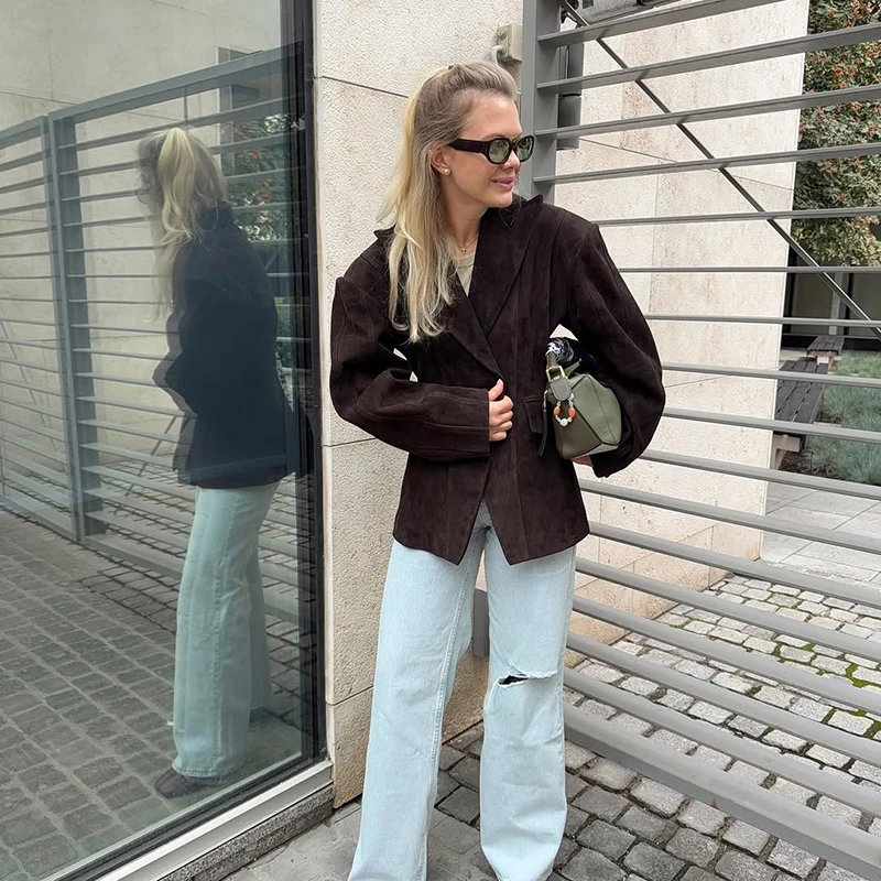 Wildleder Safari Stil Kurze Bomber Jacken Frauen Mode Stehen Kragen Epaulet Elastische Saum Taste Lose Mäntel Chic Damen Outer – Detail 9