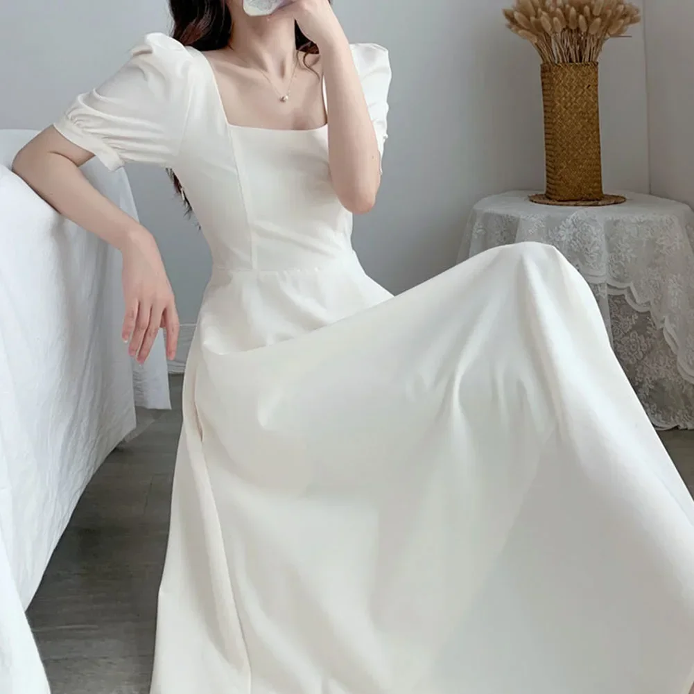 

Women Puff Sleeve Elegant Dress Square Collar A-line Casual Dresses Solid Wedding Dress Beach Vestidos For Lady Summer