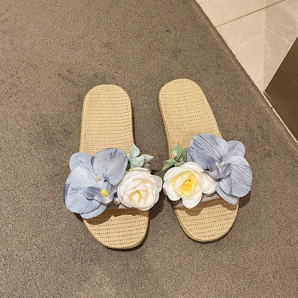 

Fashion Soft Flower Linen Slippers Flat Pearl Moth Orchid Sandals Shoes Non-Slip Butterfly Orchid Slippers Indoor Outdoor