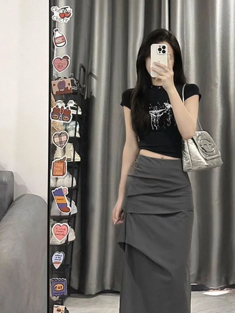 

Повседневная рабочая одежда в американском стиле ретро, женская летняя утягивающая юбка с высокой талией, сексуальная плиссированная юбка средней длины с разрезом