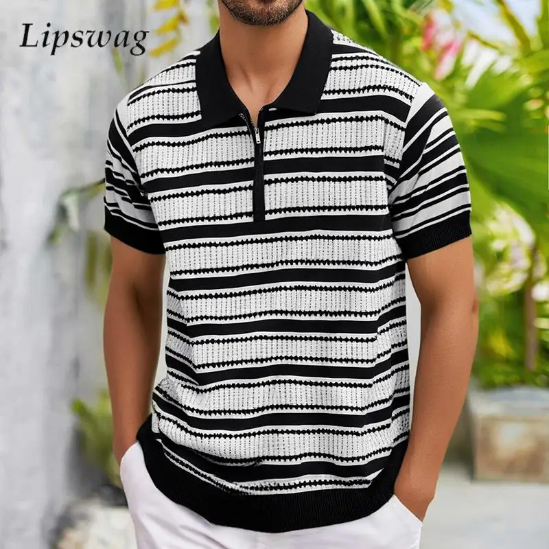 2025 Spring Summer Casual Knit Polo Shirt Men Vintage Striped Crochet Knitted Tops Mens Clothes Trendy Short Sleeve Polo Shirts