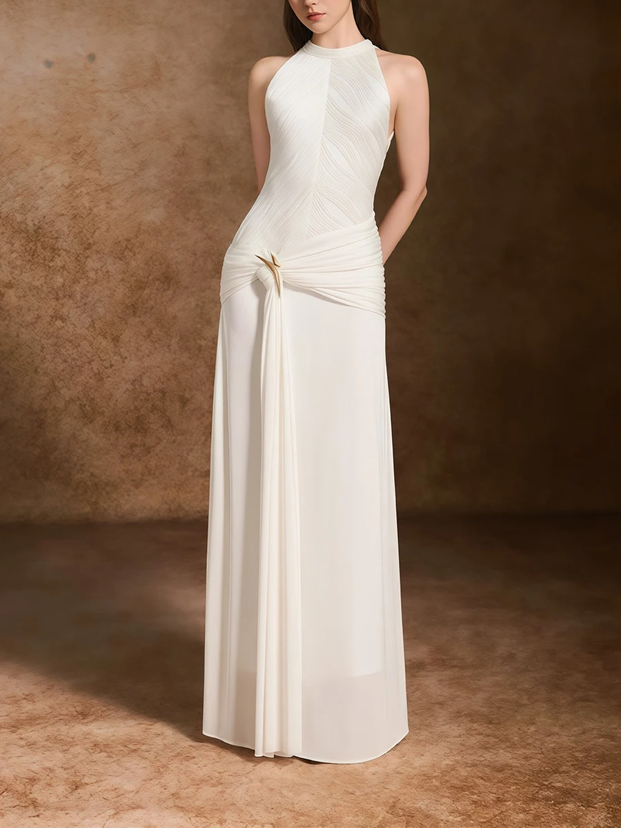 فستان VGH مثير بإبزيم معدني مرقع للنساء بياقة واقفة بدون أكمام وحفلات مسائية فساتين طويلة للسيدات