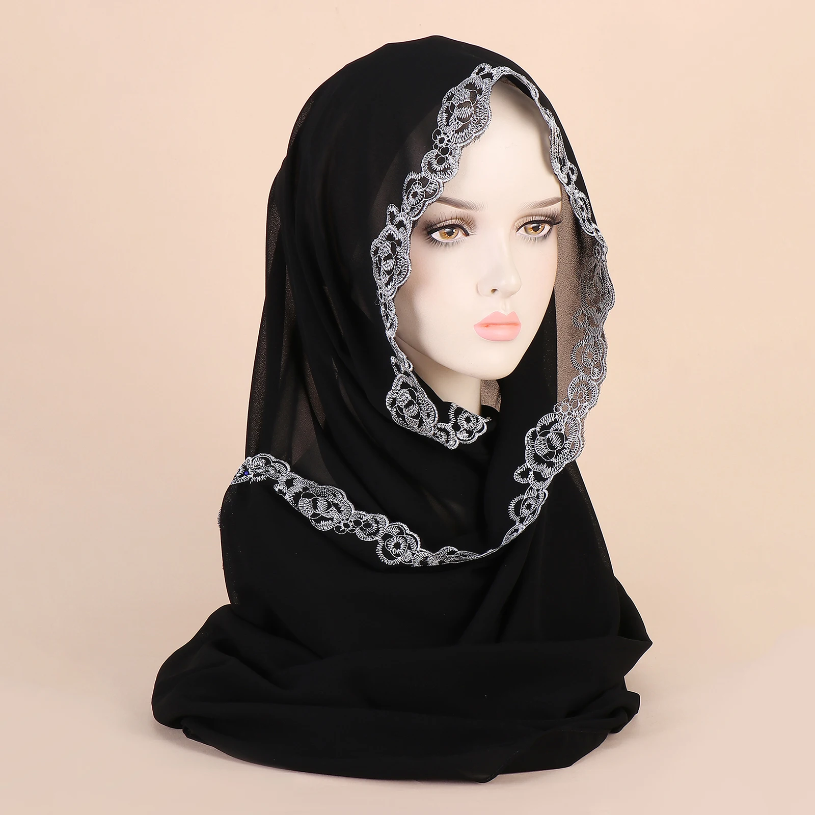 Popular Embroidered Scarf Muslim Headband Solid Chiffon Versatile Hijab Women\'s