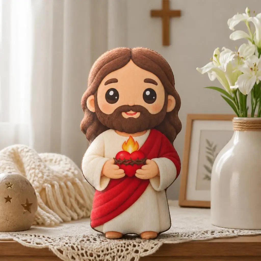 Chibi Jesus With Sacred Heart Shaped Pillow Cushion Irregular Stuffed Throw Pillows for Sofa Home Decoration Gift