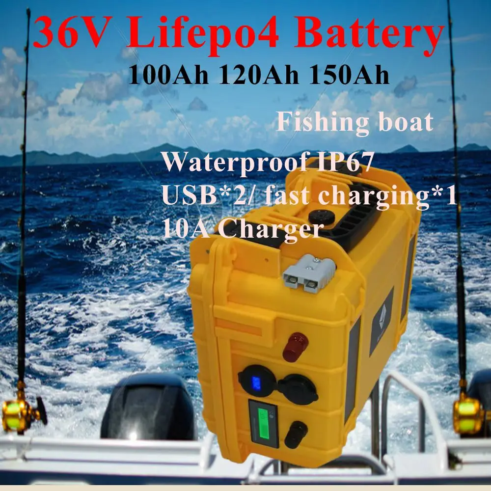 

Waterproof IP67 36V150Ah 100Ah 120Ah LiFepo4 battery pack with BMS for fishing boats solar system motor EV RV+10A charger
