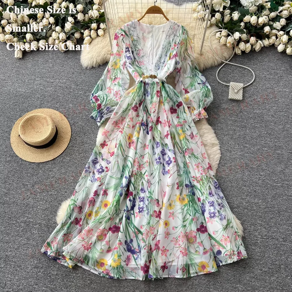 

Print Hollow Out Summer Floral Long Dresses For Women Elegant Belt Holiday Vacation Bohemia Autumn Dress Lantern Sleeve