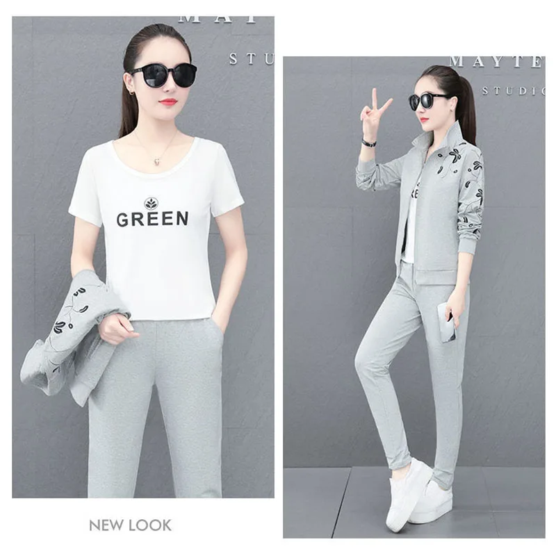 Embroidery Casual Tracksuit 3 Piece Set Women Outfits Fashion Zip Up Jacket + T-Shirt + Pants Sports Suit Ensemble Jogging Femme