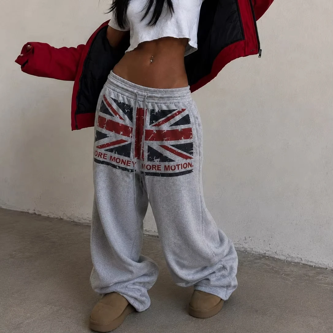 Unisex Schnelltrocknende Hose mit geradem Bein, Vintage-Flaggen-Grafikdruck, Kordelzug, lockere Freizeithose, Y2K Streetwear-Unterhose