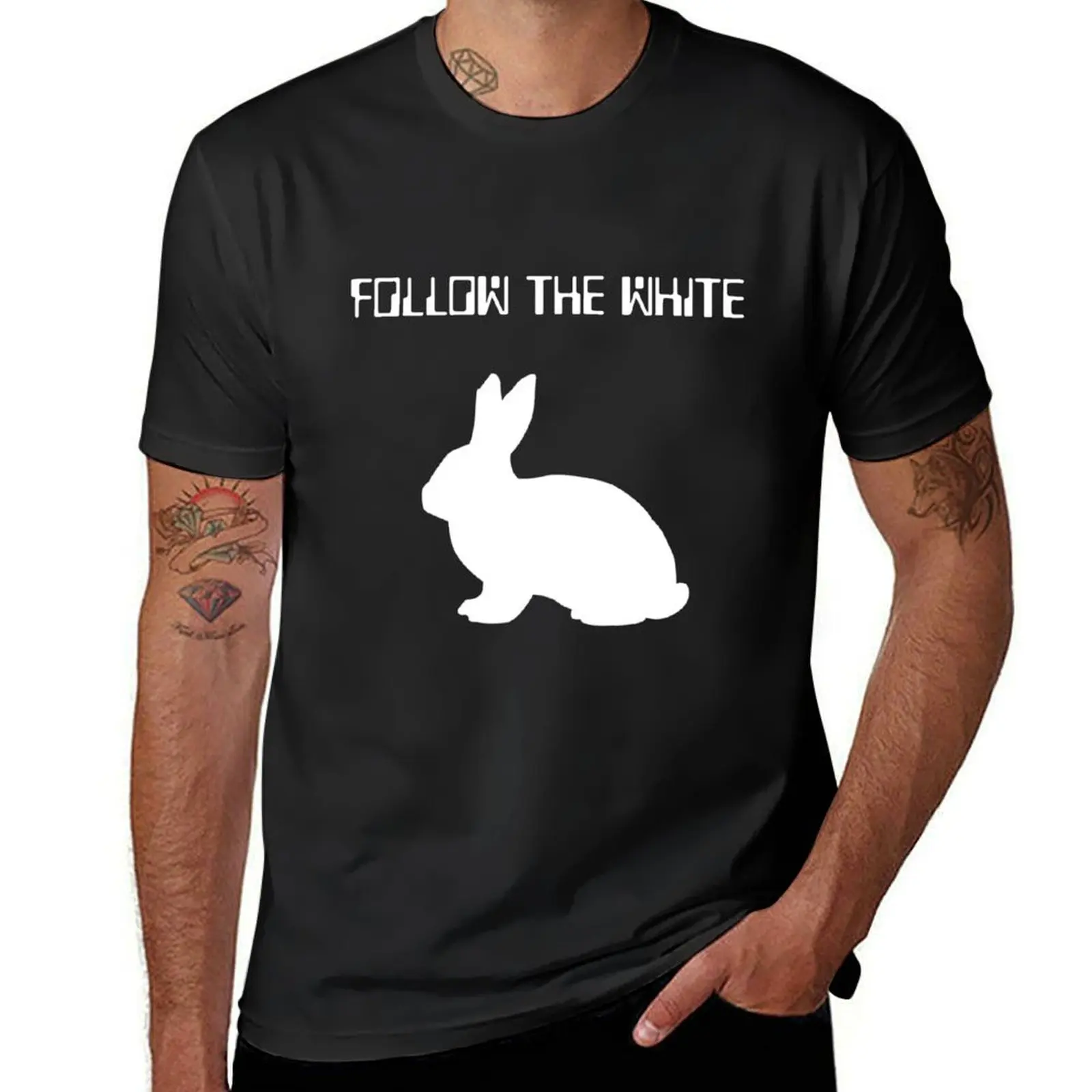 Follow the white Rabbit T-Shirt anime clothes boys animal print black t shirts for men