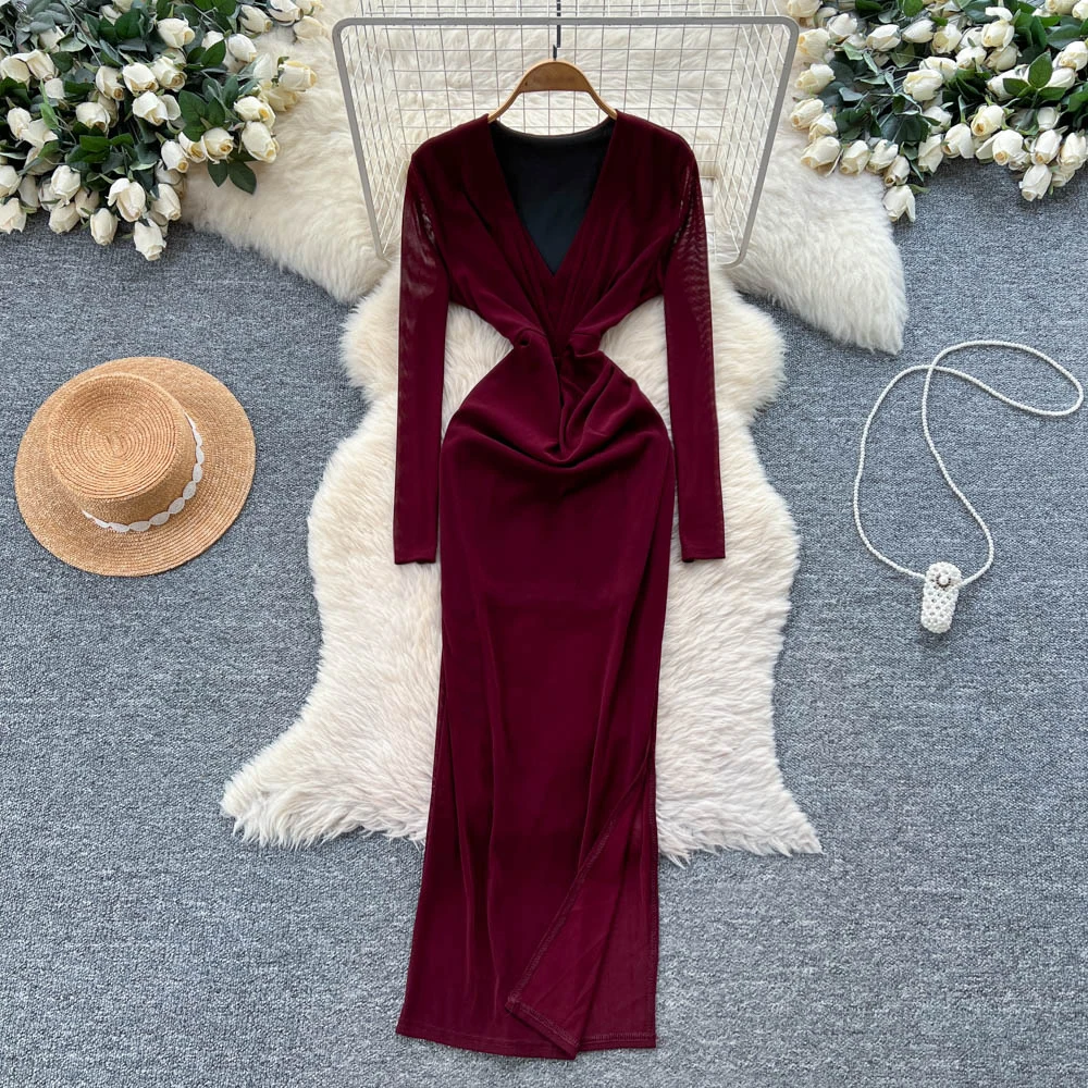 

Шикарное винтажное платье с v-образным вырезом и длинными рукавами, корейская модная женская одежда, церемониальные платья