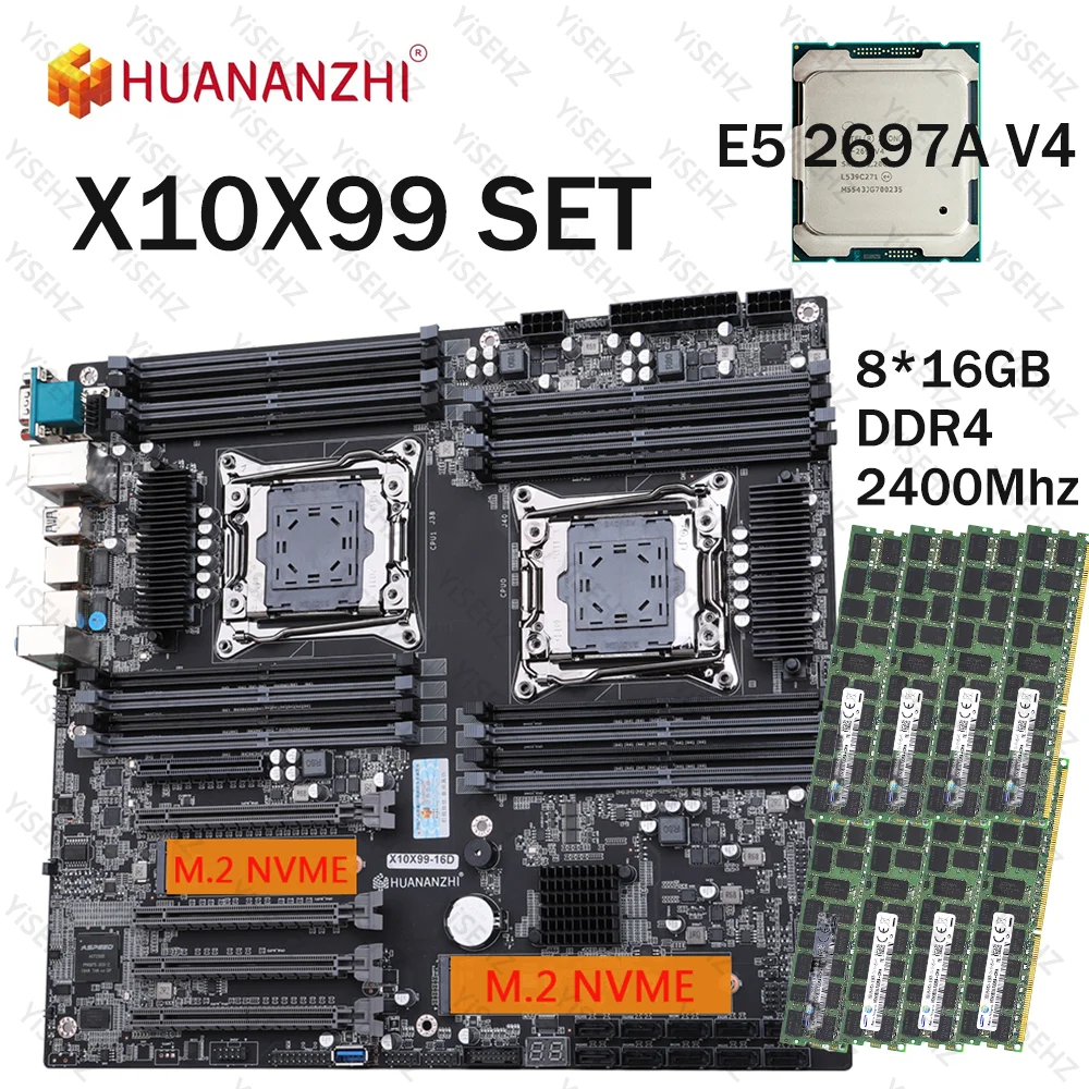 HUANANZHI X10X99 Motherboard Set LGA 2011-3 With 2*E5 2697A V4 8*16GB=128GB DDR4 ECC RAM Support NVME M.2 SATA3.0 USB3.0 X99 Set