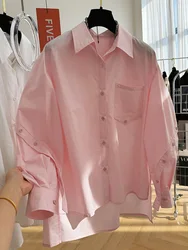 Camisa asimétrica de manga larga para mujer, blusa elegante de estilo francés, Color sólido, informal, Simple, de gran tamaño, primavera 2024