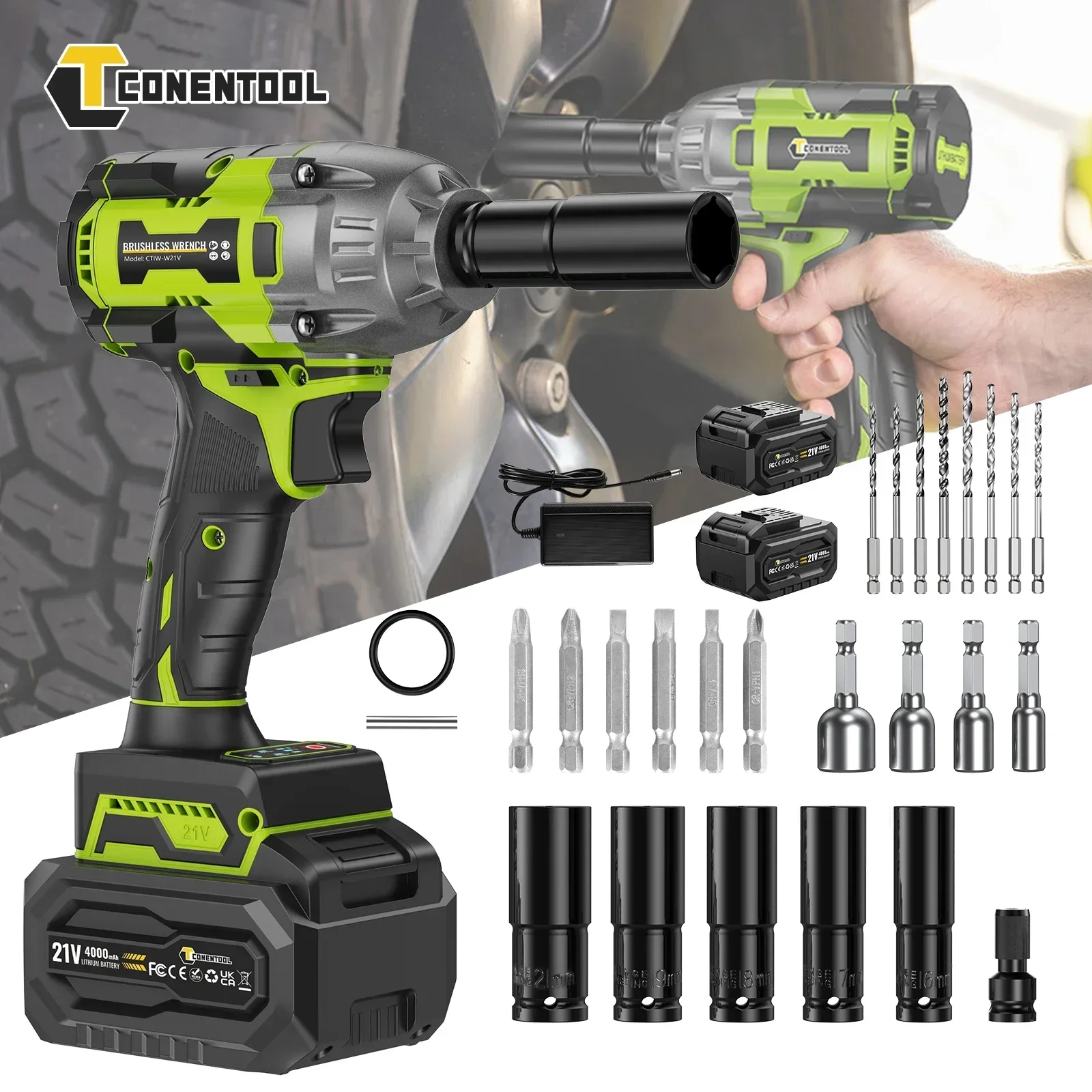 Conentool 1200N.m 21V Avvitatore a impulsi senza fili e senza spazzole, ad alta coppia, con batteria da 4000mAh, attacco quadro da 1/2 pollice, set di 7 bussole, ricarica rapida, strumento portatile