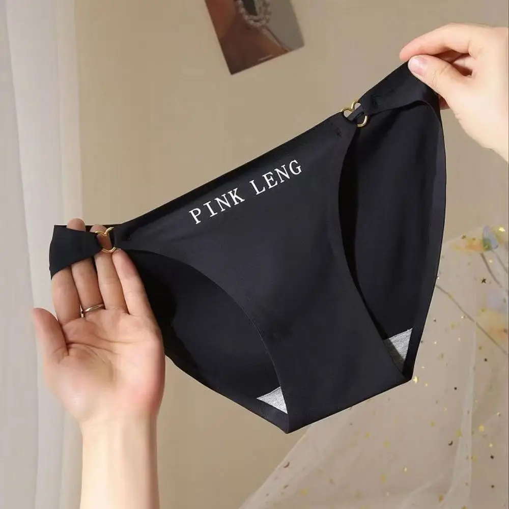 Sweet Solid Color Ice Silk Panties Ice Silk Letter Letter Underwear Women Brief Heart Metal Decoration For Girl