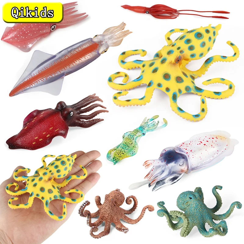 Ocean Sea Life Simulation Animal Model Blue Ringed Octopus Squid Action Figures Educational Collection Gift for Children Kid Toy