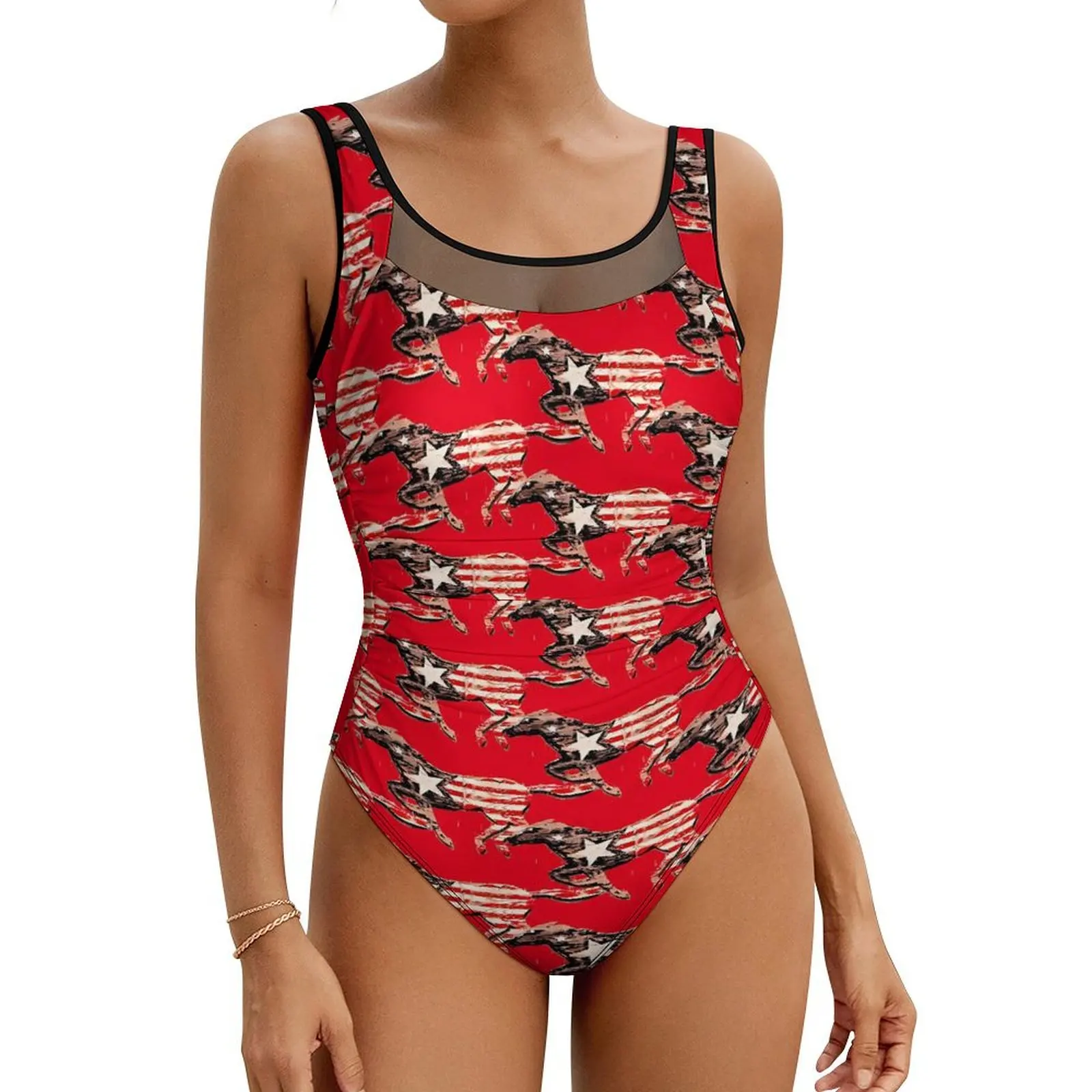 American Flag Horse Swimsuit Sexy Funny Animal Women Swimwear One Piece Stylish Swimsuits Surfing Push Up Cut Out Bathing Suits