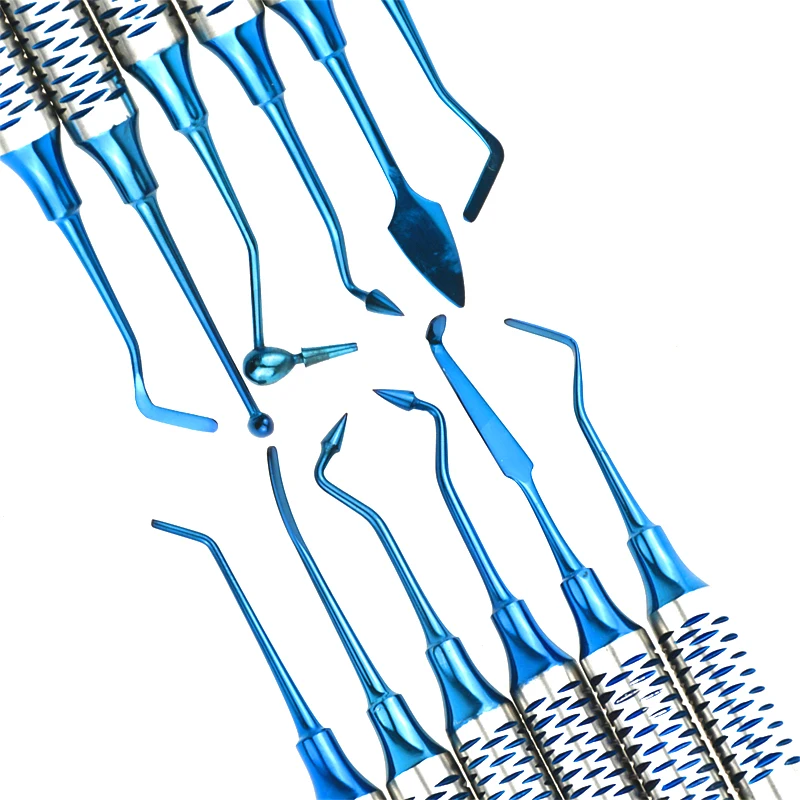 Juego de Herramientas de llenado de resina compuesta de odontología, espátula chapada en titanio, mango grueso, Material de instrumento de relleno Dental, 6 piezas