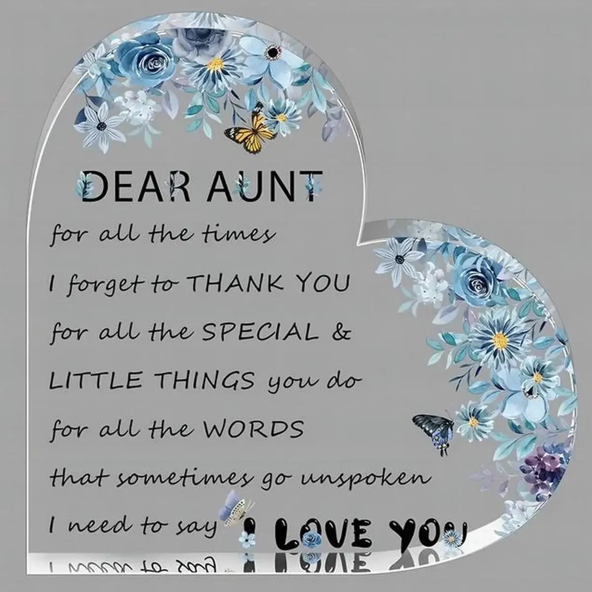 Aunt Birthday Gifts from Niece Nephew, Heart Acrylic Plaque For Aunt, Blue Floral Butterfly Desktop Decor