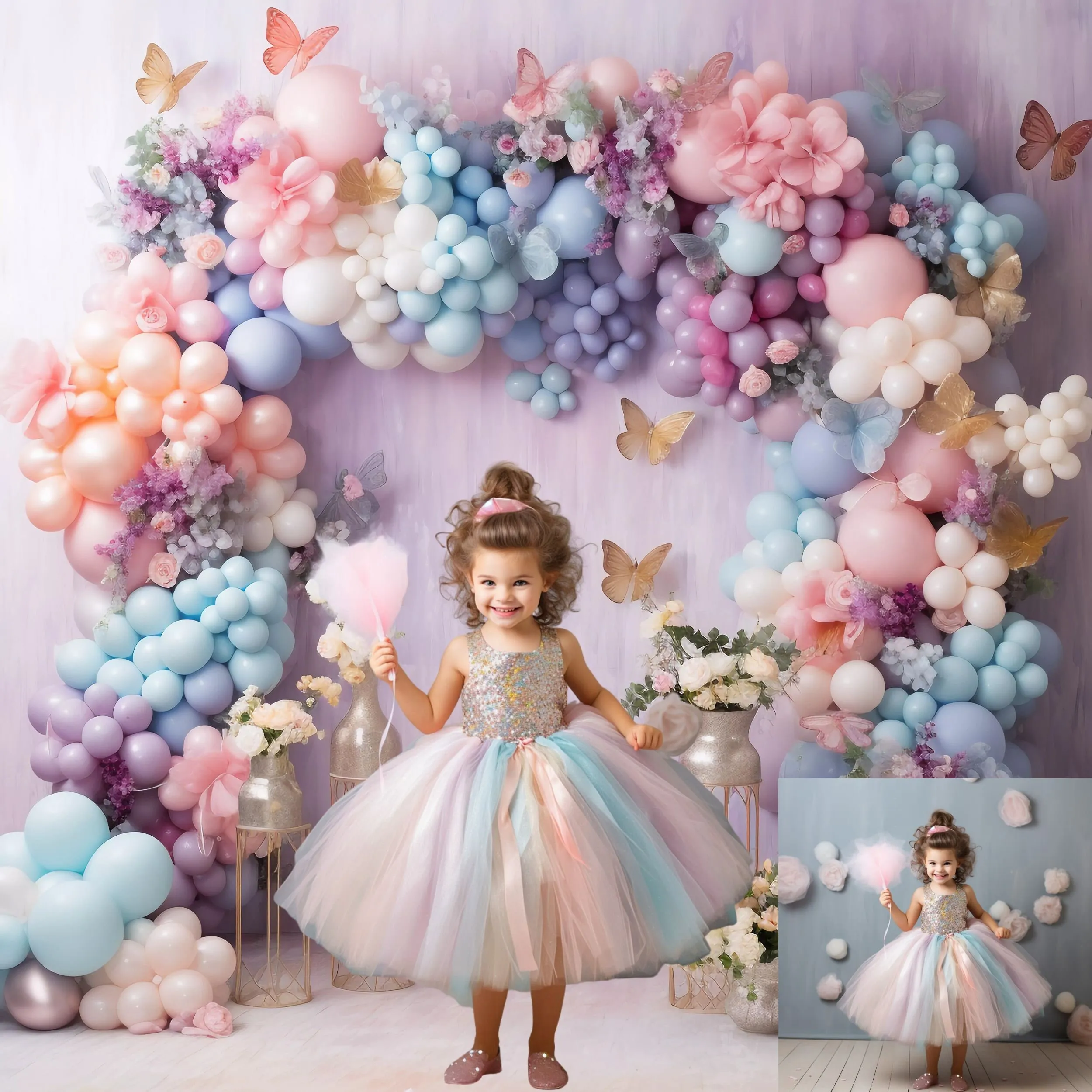 Mehofond Photography Background Butterfly Floral Arch Balloon Children Birthday Cake Smash Portrait Decor Backdrop Photo Studio