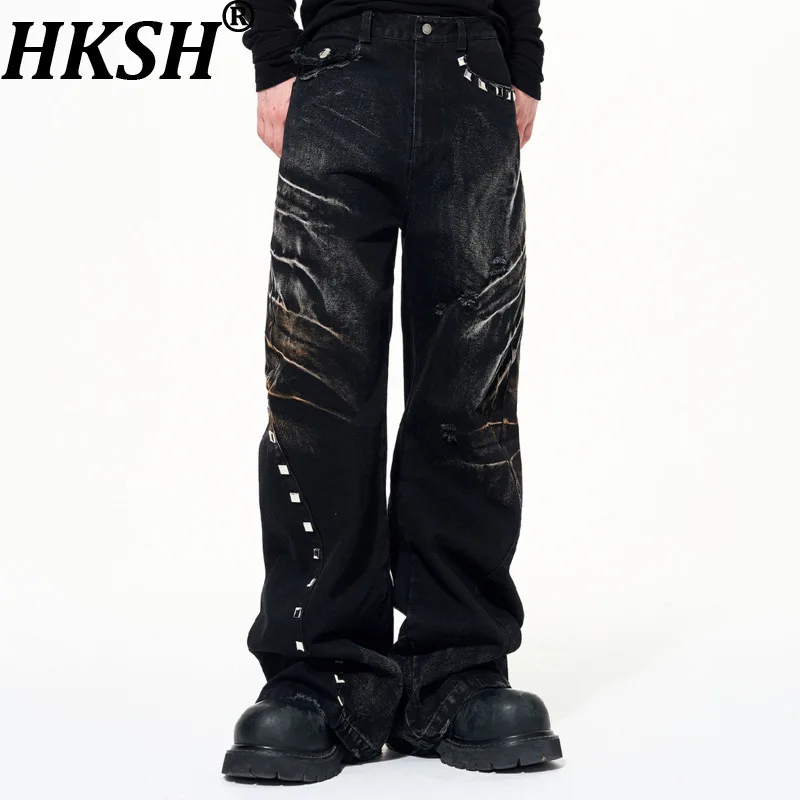 

HKSH весна осень новые мужские винтажные потертые джинсы с рваными усами тяжелый дизайн с заклепками широкие джинсовые брюки с потертыми краями HK16573
