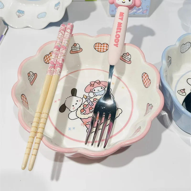 Kawaii Sanrio My Melody Bowl Cinnamoroll Pochacco Children Cartoon Household Large Capacity Ceramic Fruit Salad Plate Tableware image 5