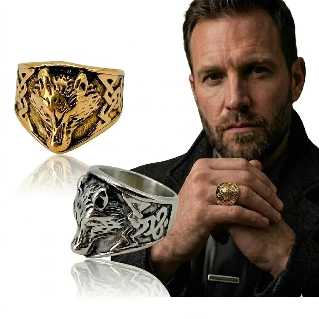 Vintage Nordischer Wolfskopf-Ring für Männer Edelstahl Keltischer Knoten Retro Tier-Siegelringe Punk Biker Schmuck Geschenk