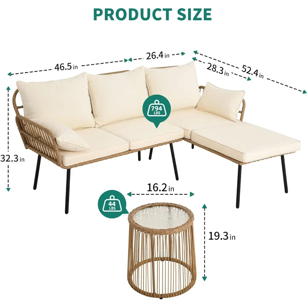 3-PIECE PATIO FURNITURE SET, OUTDOOR WICKER COMBINATION L-SHAPED SOFA WITH 4 SEATS, WITH CUSHIONS AND COFFEE TABLE