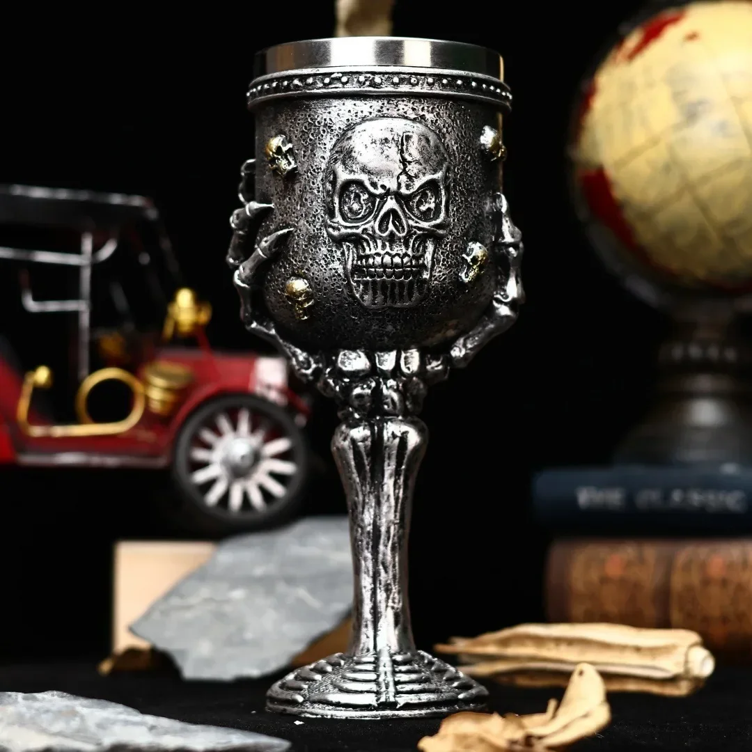 New Halloween Skull Retro Goblet 3D Relief Gothic Style Ghost Hand Stainless Steel Liner Cocktail Wine Glass Halloween Mens Gift