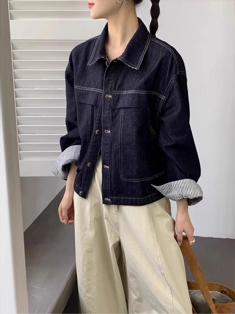 

Синяя джинсовая куртка в стиле ретро, женская свободная верхняя одежда, топ, повседневный длинный свек, эффект похудения, китайский бренд, осенняя мода