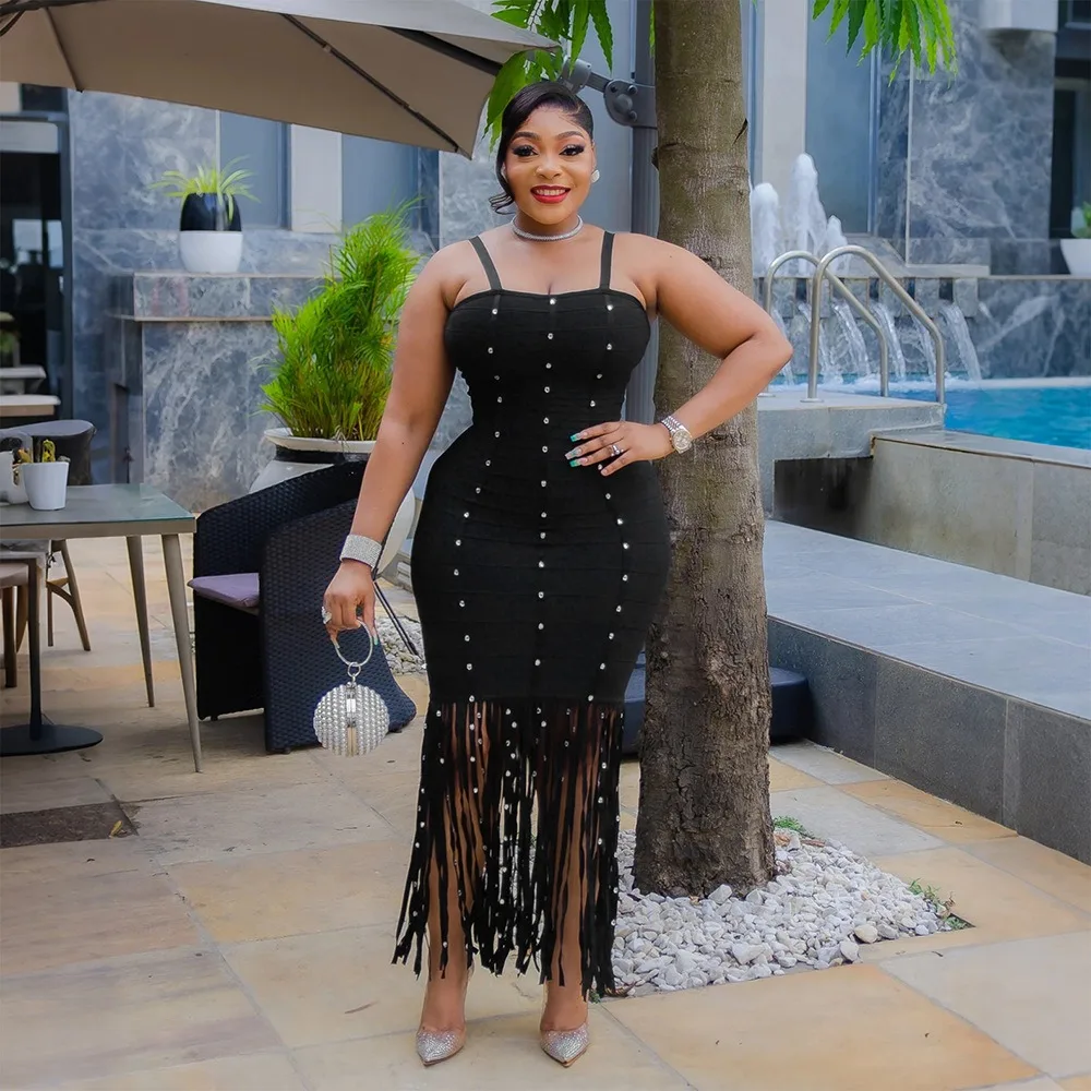 

Sexy Nightclub Party Dance Gathering Club Banquet Solid-Color Strapless Fringe Bodycon Dress