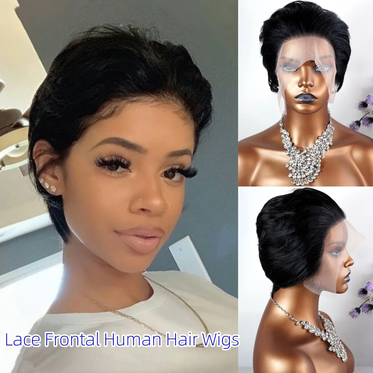 

13*1 Lace Frontal Human Hair Natural Short Straight Pixie Cut Black Hair Wig For Women Transparent HD Lace Frontal Glueless Wigs