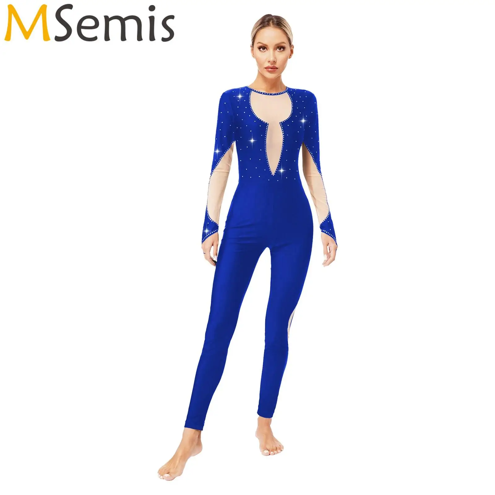 Womens Gymnastics Ballet Unitards Jumpsuit Full Bodysuit Sheer Mesh Gymnastics Artistic Figure Ice Skating Jumpsuit Bodysuit