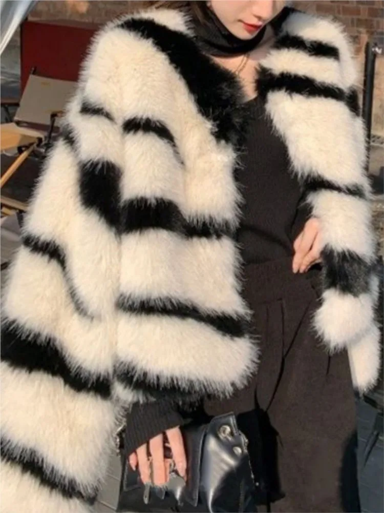 خريف شتاء المرأة قصيرة فو الفراء معاطف موضة أنيقة طويلة الأكمام عادية الحيوان طباعة زيبرا معاطف الإناث خمر عيد الميلاد جديد